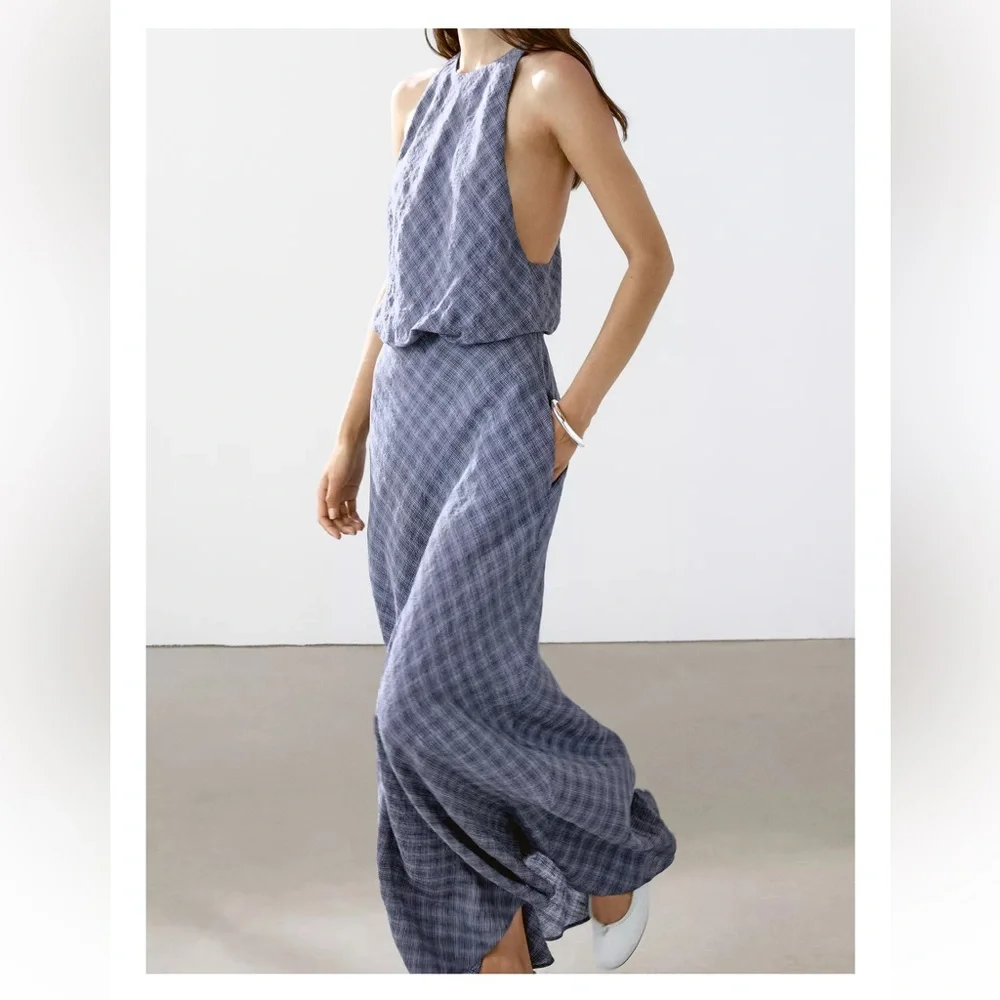 NEW Massimo Dutti Long Checkered Dress with Back Detail - Picture 10 of 12